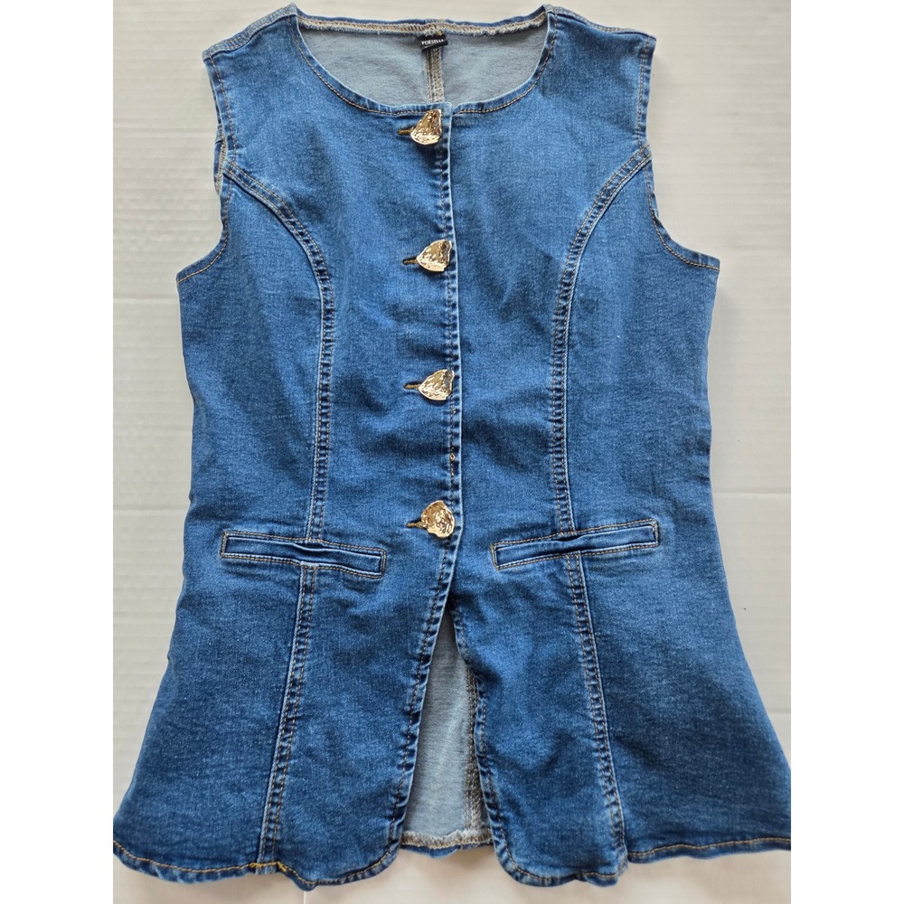 Poeselle Denim Vest Women Size 4 Blue Gold Button Peplum Waistcoat Scoop Neck